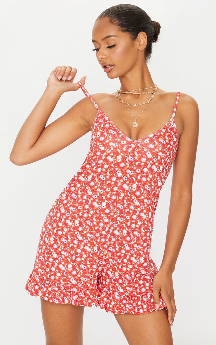 Red Ditsy Floral Frill Hem Playsuit