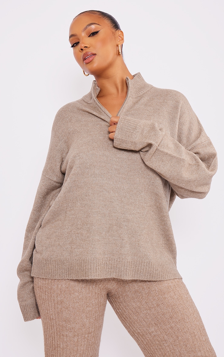 TAUPE SOLID COLOR RELAXED FIT CROCHET OPEN KNITTED SWEATER main image 0