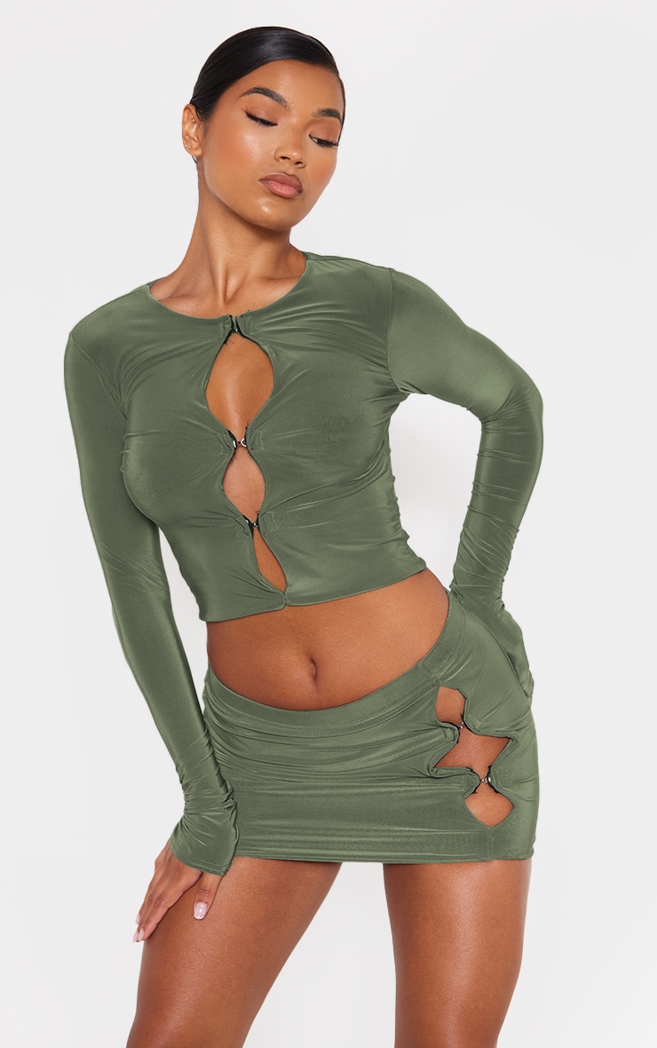 Khaki Slinky Hook And Eye Cut Out Long Sleeve Crop Top