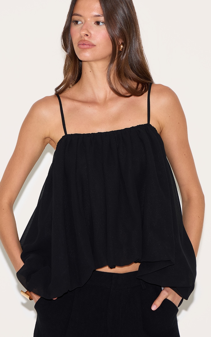 Black Puffball Chiffon Spaghetti Strap Cami image 4