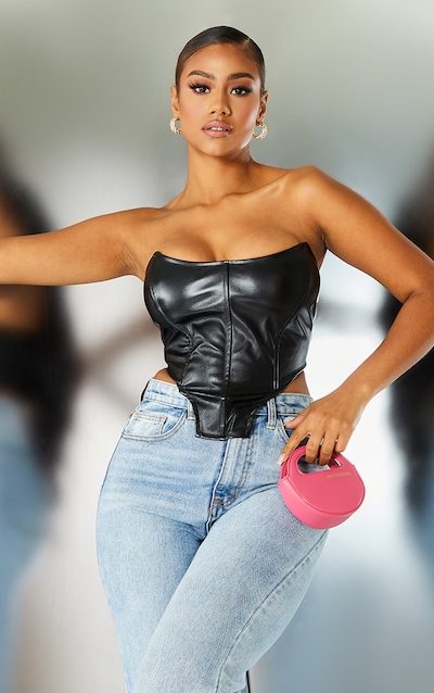 Black Faux Leather Square Dip Hem Corset