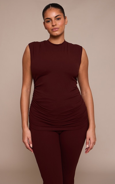 Plus Chocolate Sculpt Ruched High Neck Top