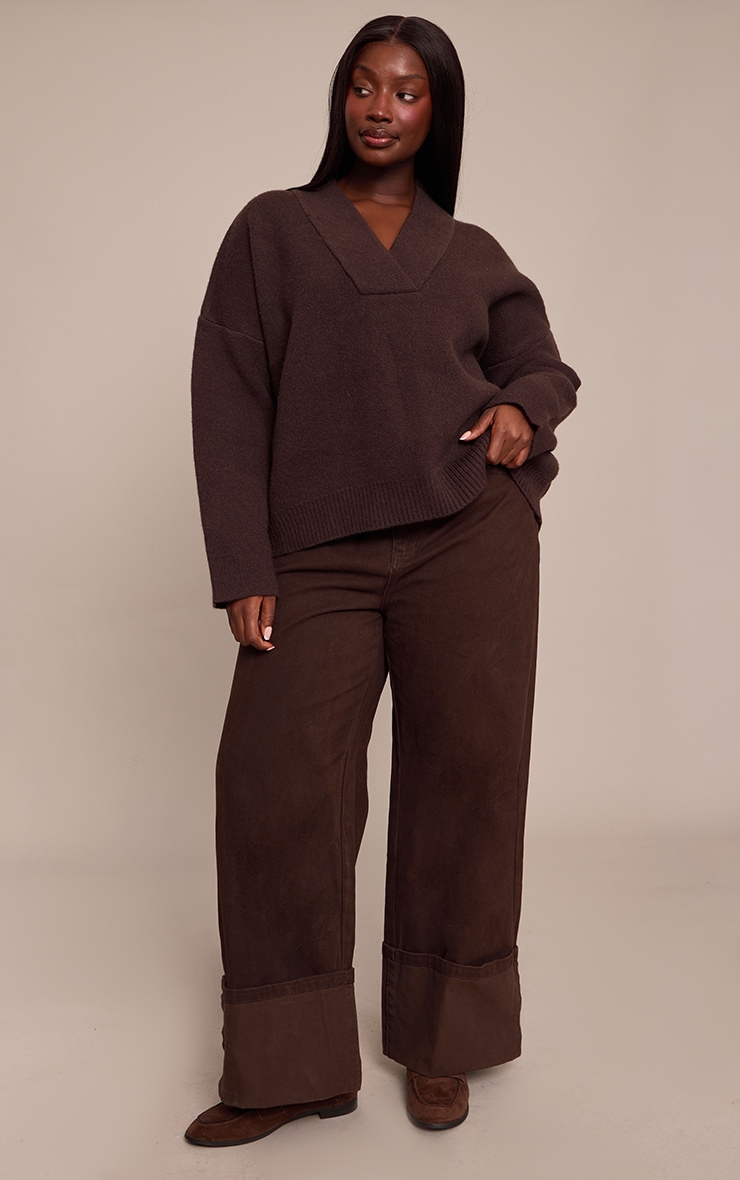 Plus Chocolate Contrast Collar Deep V Neck Slouchy Sweater image 3
