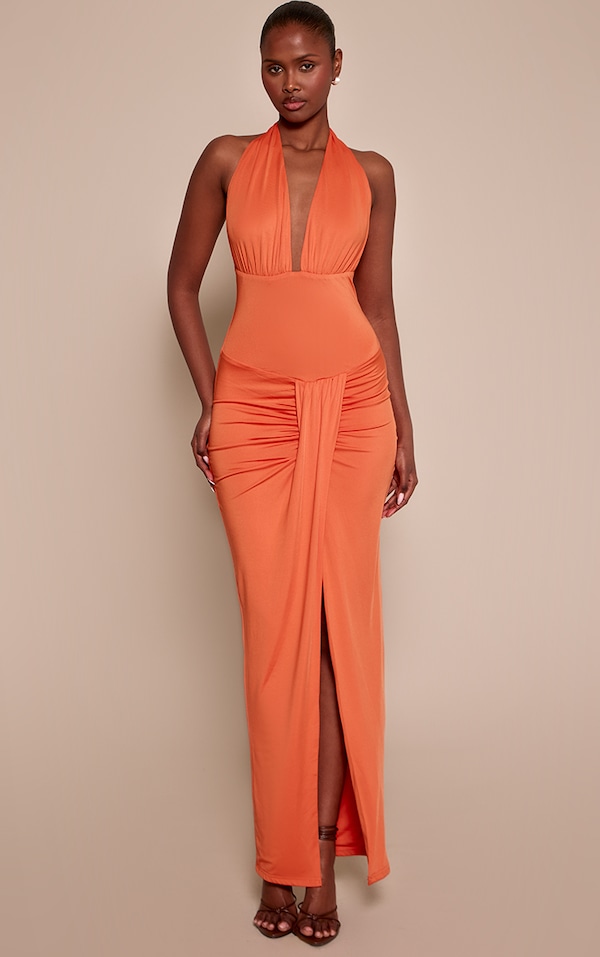 Orange Corset Plunge Drape Maxi Dress