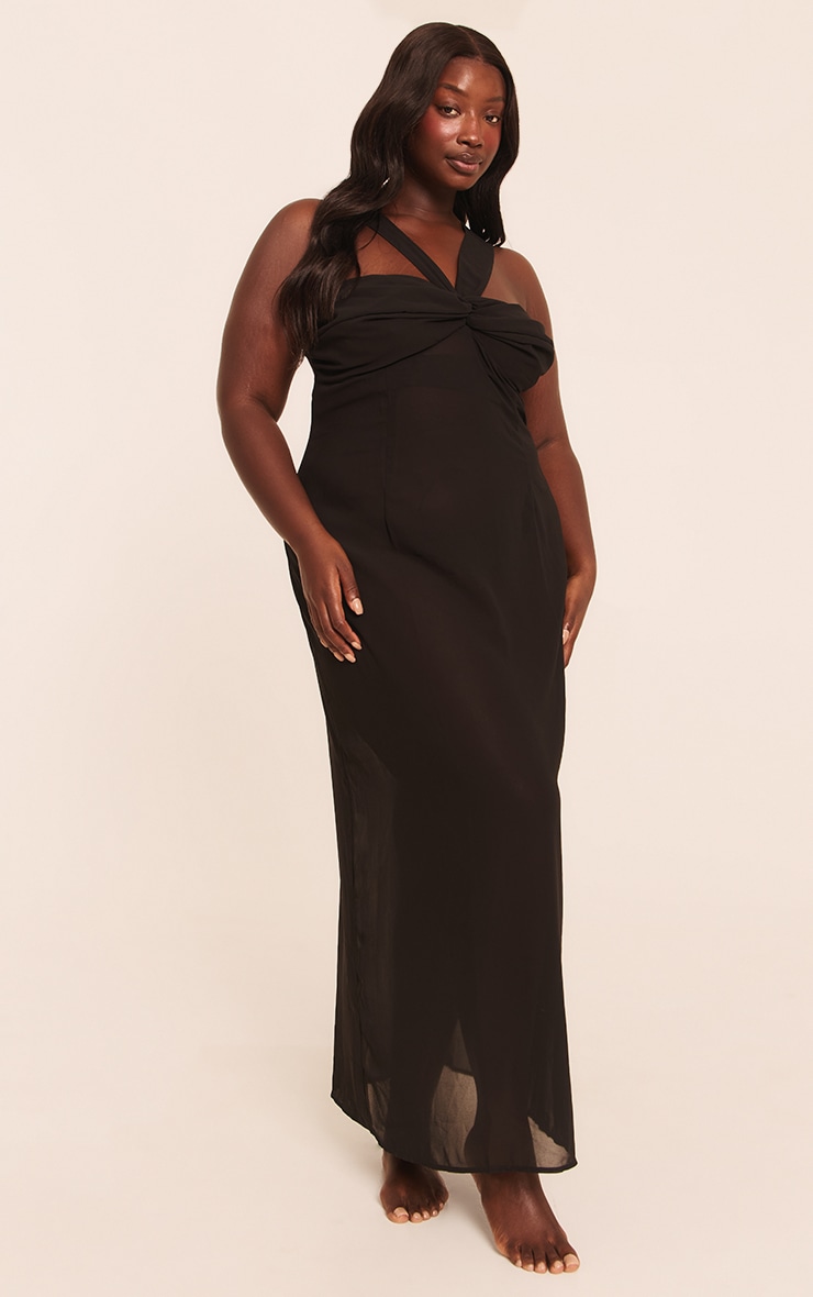 Plus Black Ruched Chiffon Maxi Beach Dress image 1