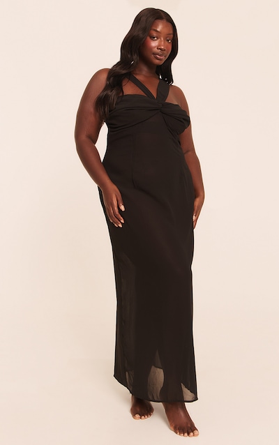 Plus Robe de plage longue en mousseline de soie noire froncée