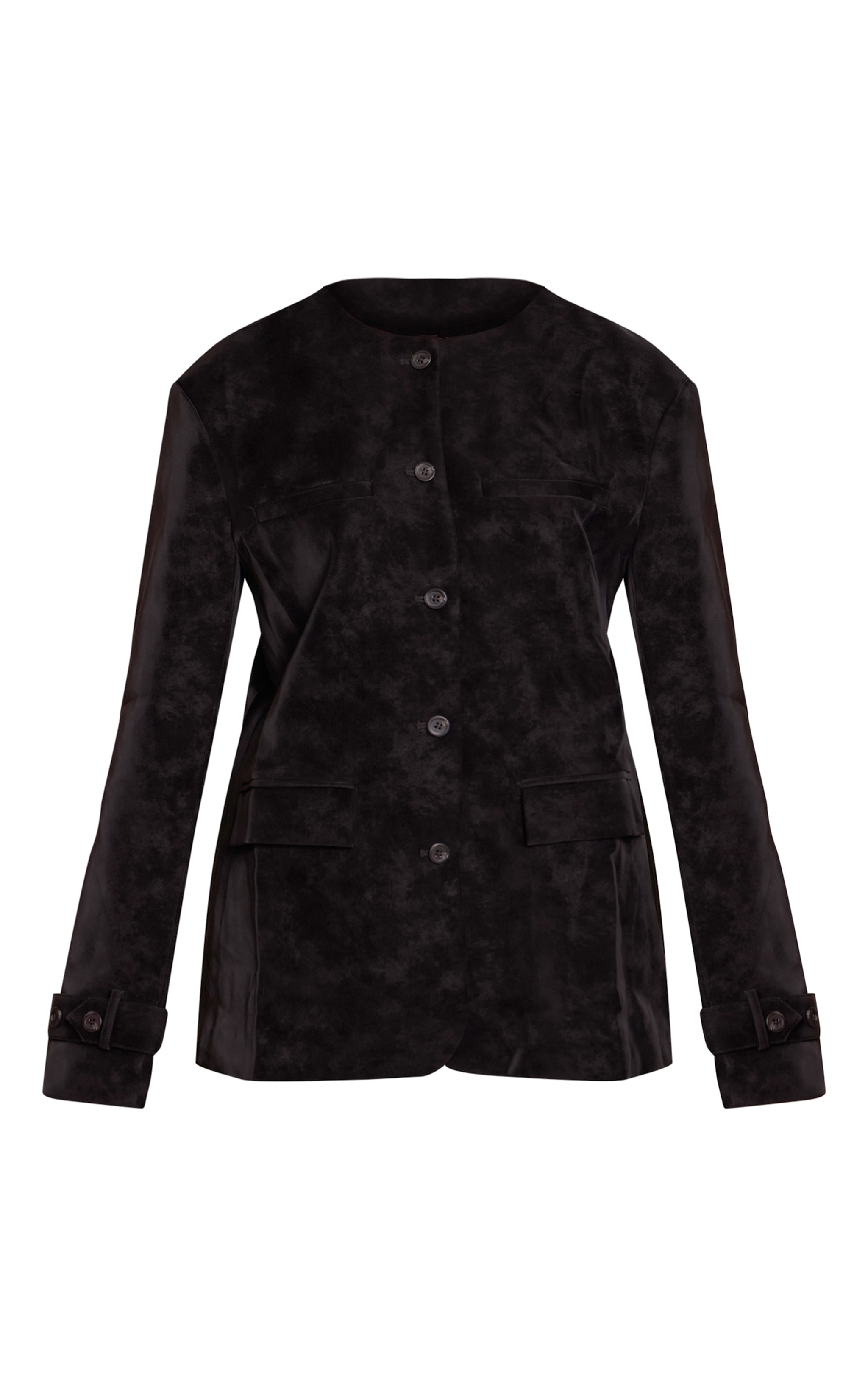 Black Collarless Button Detail Faux Suede  Jacket image 5