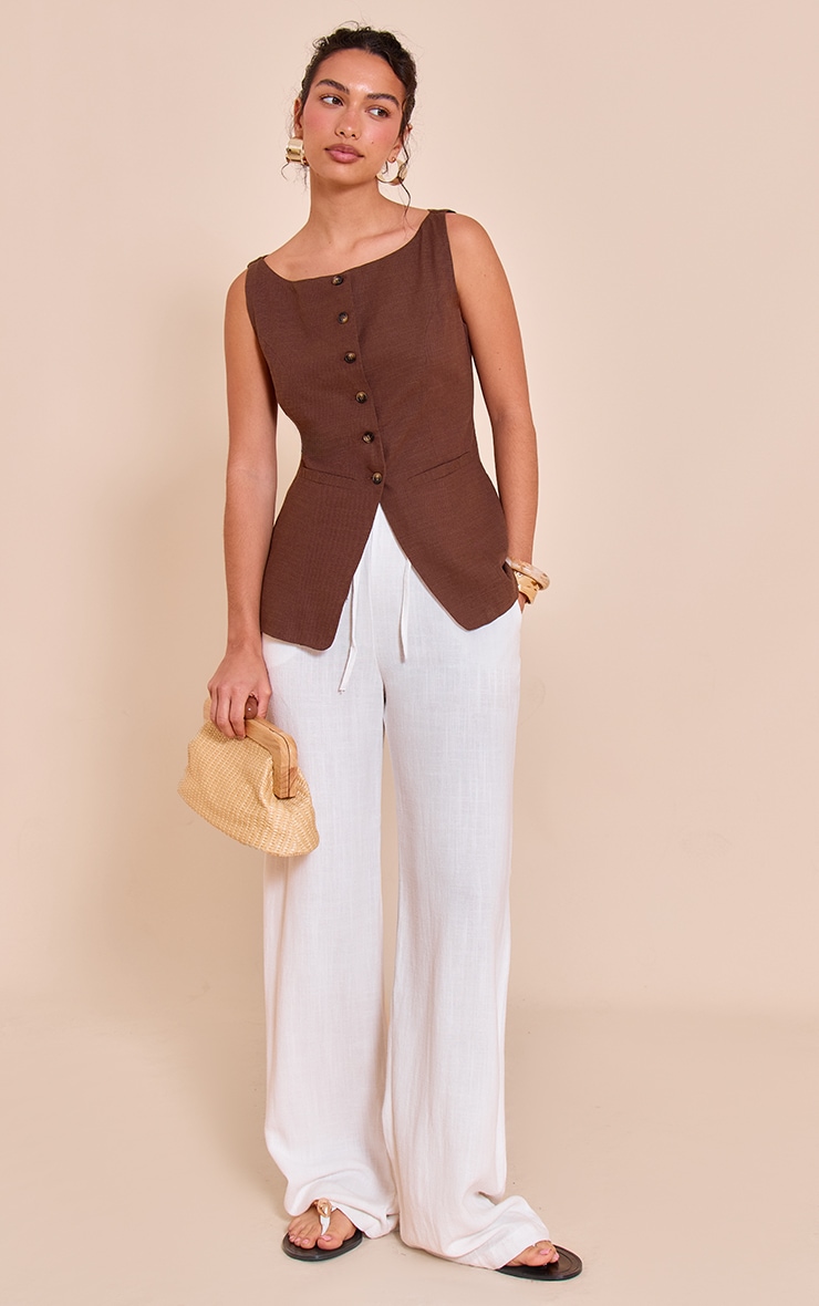 Chocolate Square Neck Linen Look Longline Waistcoat image 3