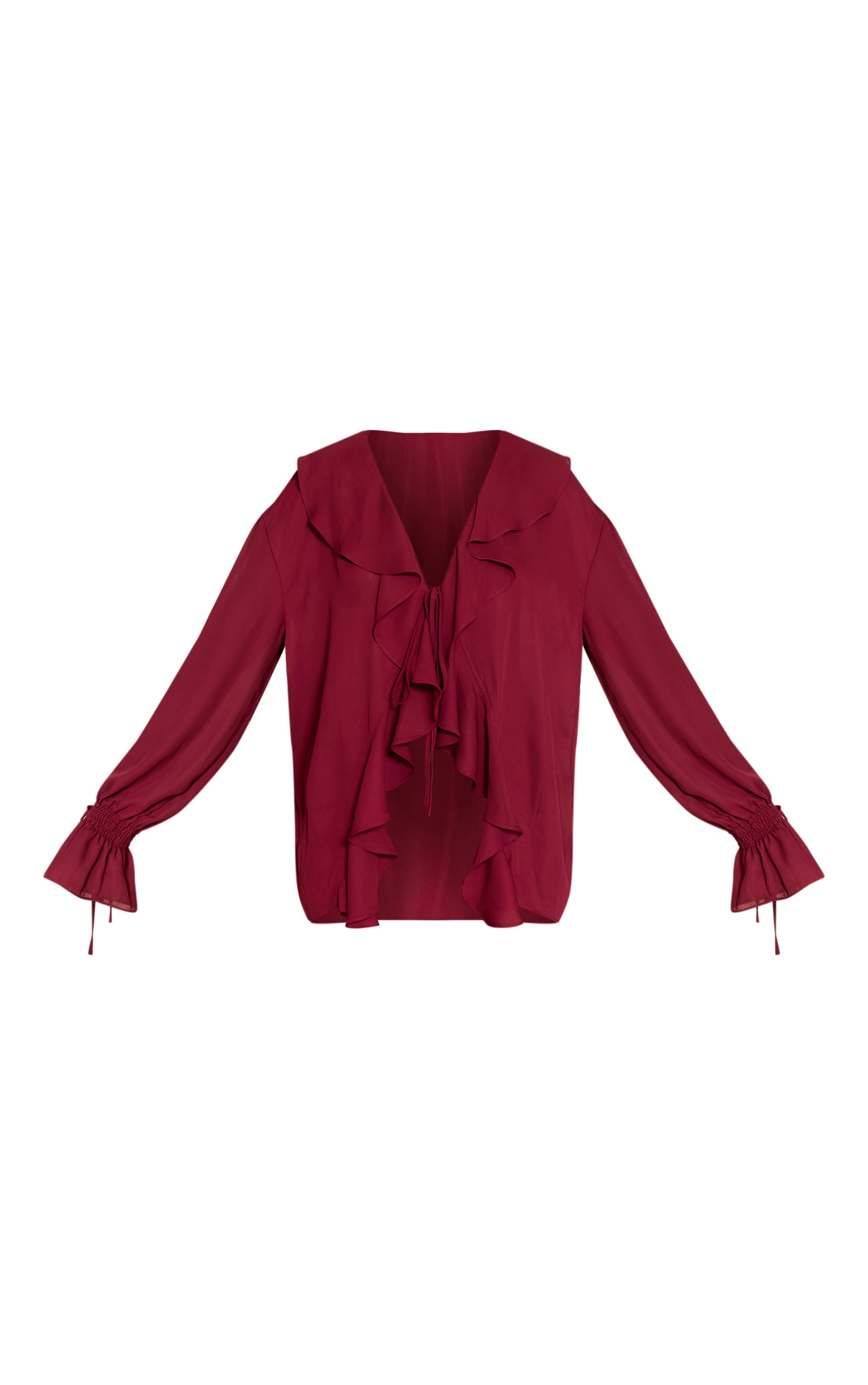 Blouse en mousseline de soie rouge vin nouée devant à volants image 5