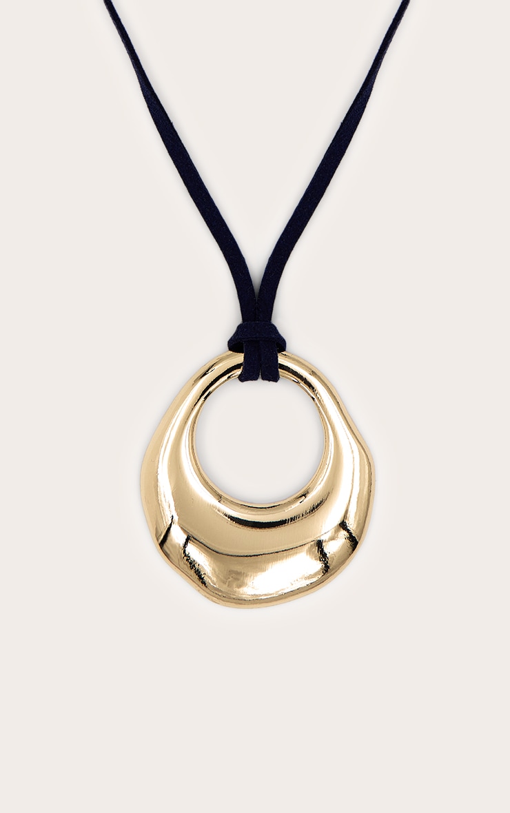 Gold Abstract Pendant Navy Cord Necklace image 2