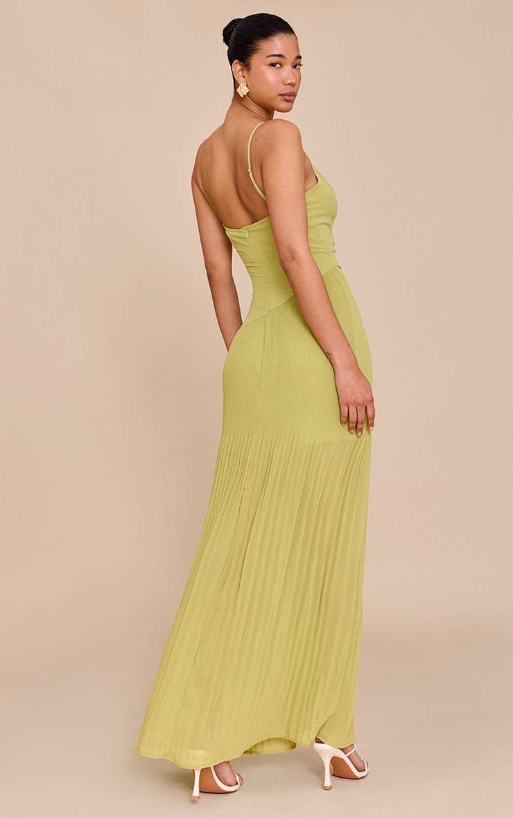 Lime Woven Pleated Hem Detail Spaghetti Maxi Dress image 2