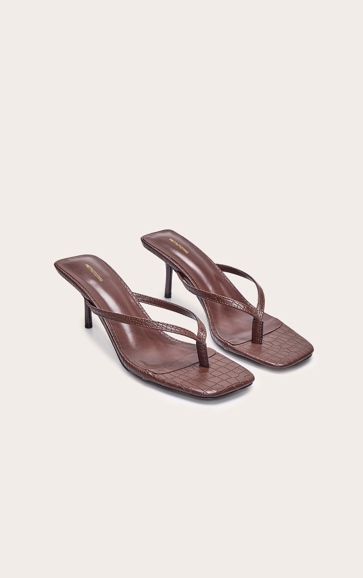Brown Croc Pu Square Toe Thong Mid Stiletto Heeled Mules image 2