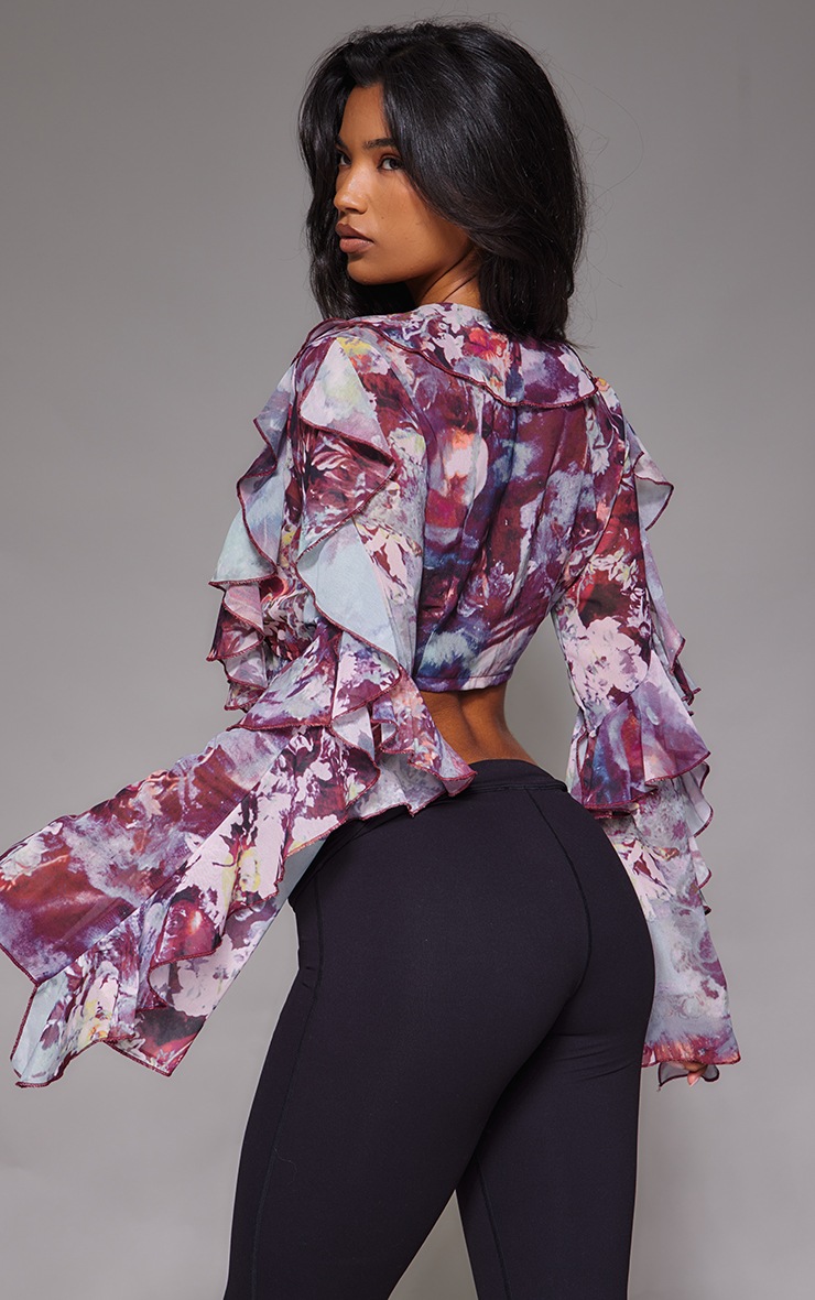 Purple Printed Sheer Woven Ruffle Tie Crop Blouse image 2