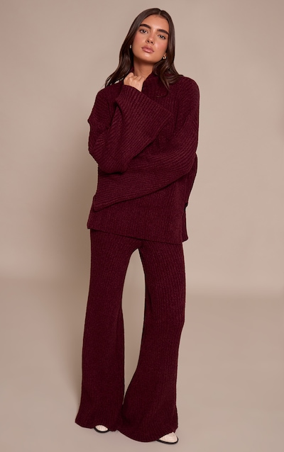 Burgundy Rib Boucle Knit Wide Leg Pants