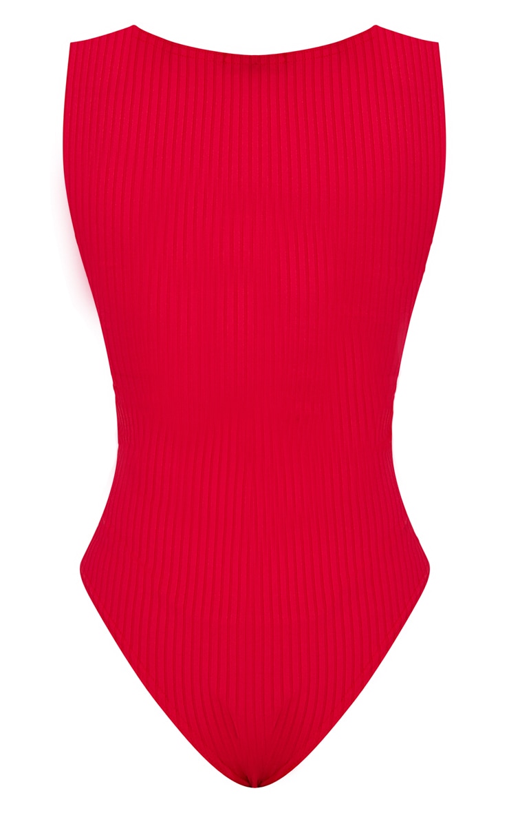 Red Square Neck Rib Thong Bodysuit Tops PrettyLittleThing CA