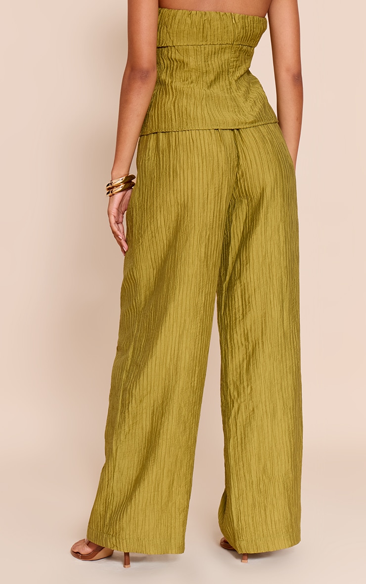 Olive Textured Woven Mid Rise Wide Leg Pants image 3