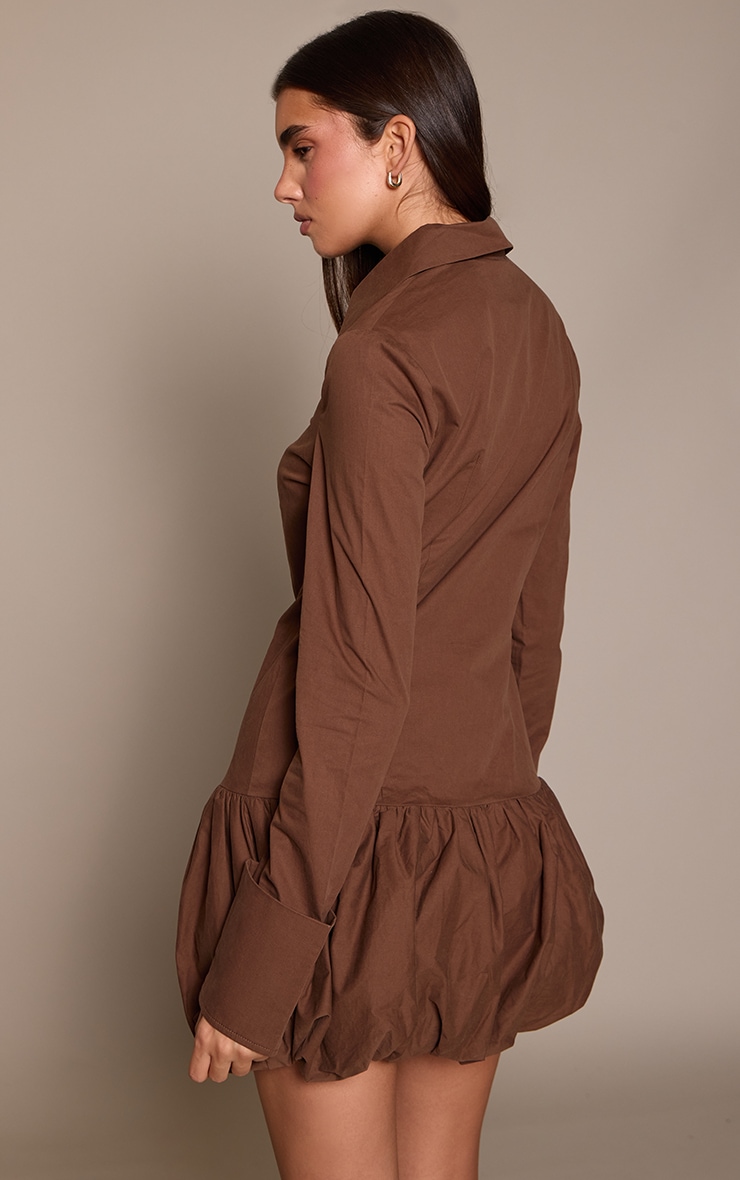 Deep Chocolate Button Down Puffball Detail Shirt Dress image 2