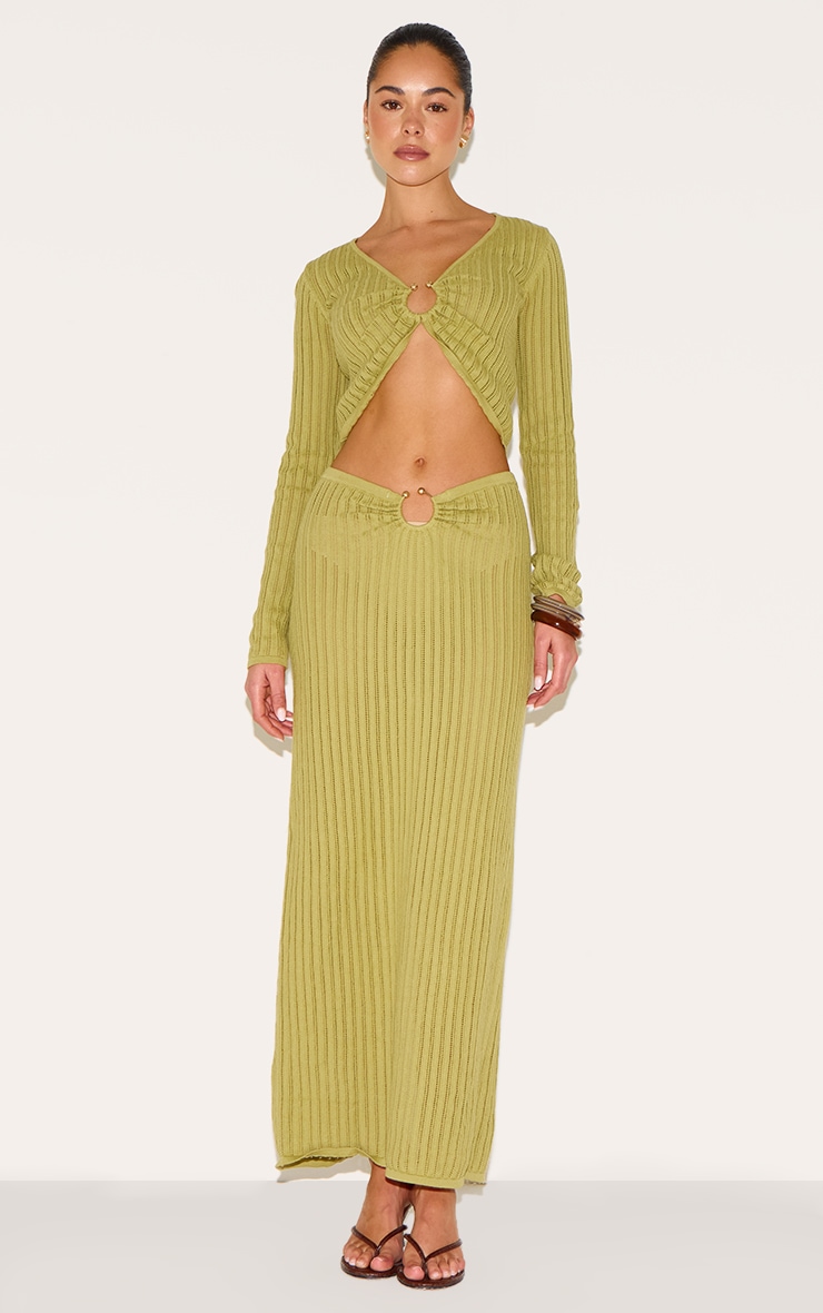 Olive Pointelle Knit Trim Detail Long Sleeve Top image 3