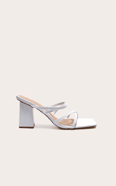 White PU Wide Fit Square Toe Strappy Block Heeled Mules