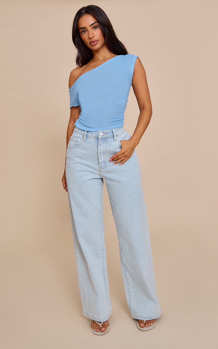 Petite Light Blue Textured One Shoulder Top image 3