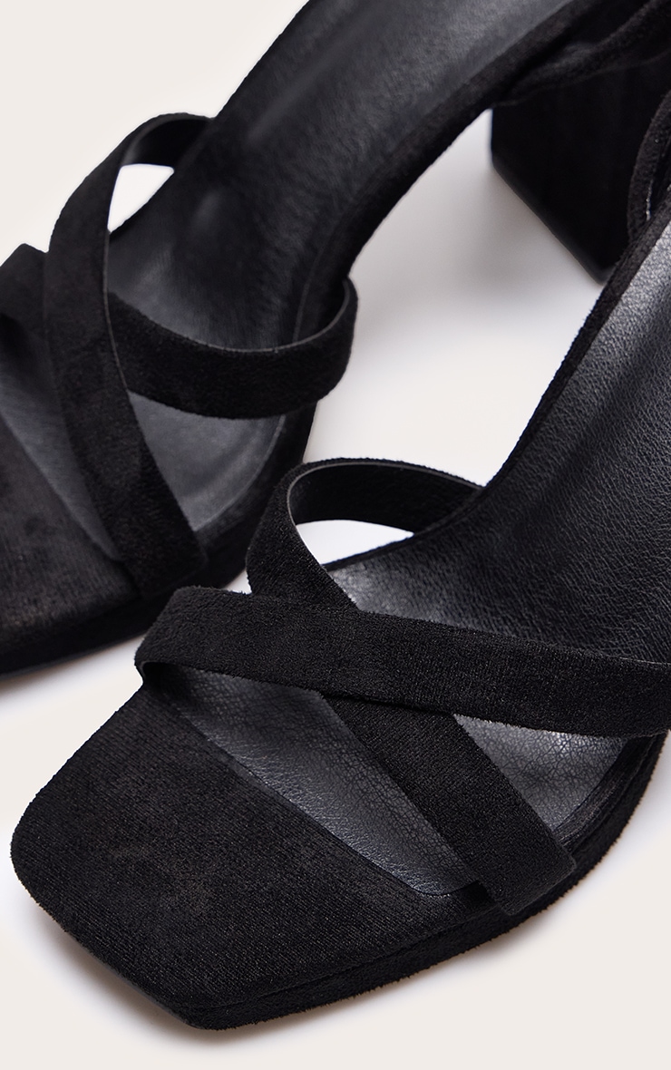 Black Faux Suede Square Toe Lace Up Flat Chunky Heeled Platforms image 4