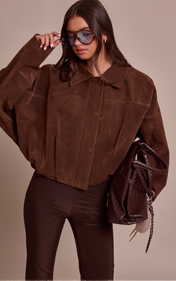 Chocolate Faux Suede Covered Placket Bomber Jacket image 1