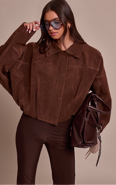 Chocolate Faux Suede Covered Placket Bomber Jacket