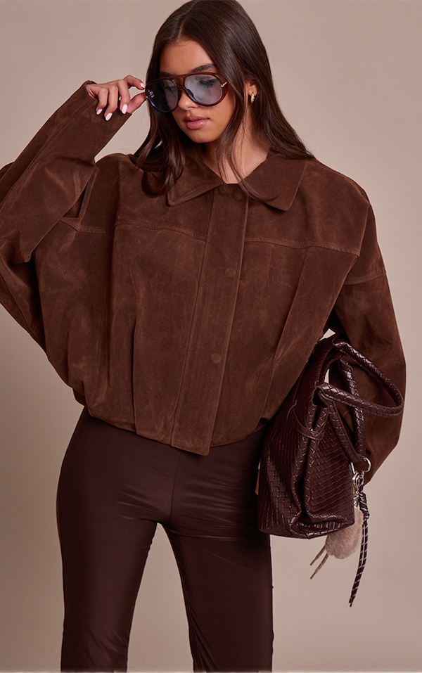 Chocolate Faux Suede Covered Placket Bomber Jacket