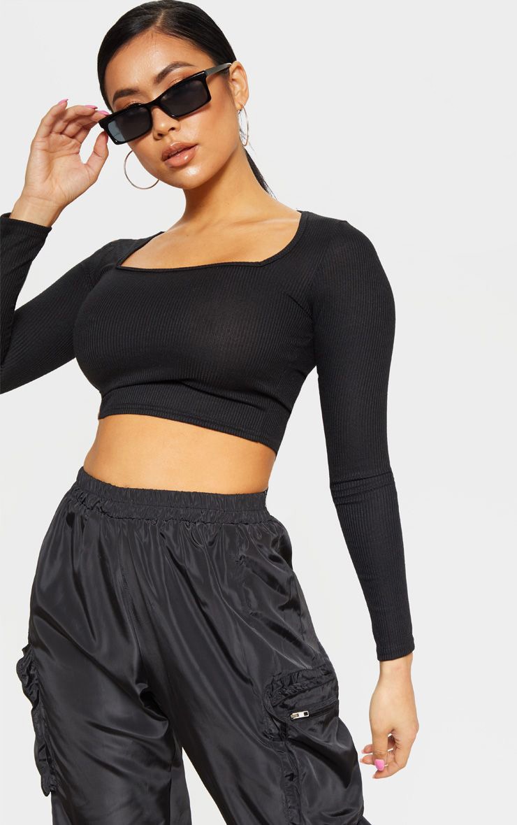 Petite Black Square Neck Ribbed Long Sleeve Crop Top