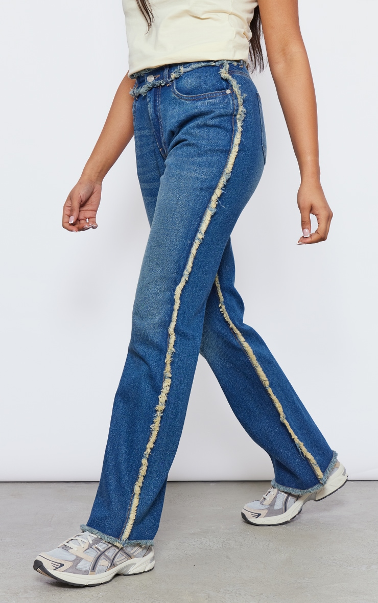 Tall Mid Blue Wash High Waist Seam Detail Straight Leg Jeans image 2