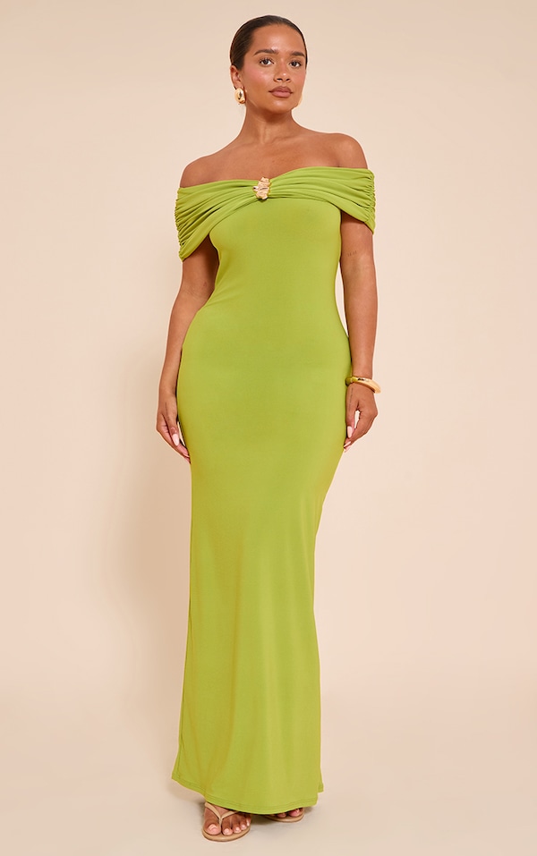 Shape Robe longue vert olive à col bardot replié et empiècement doré