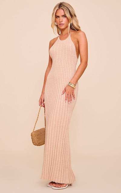 Petite Oatmeal Knitted Halterneck Flowy Maxi Dress