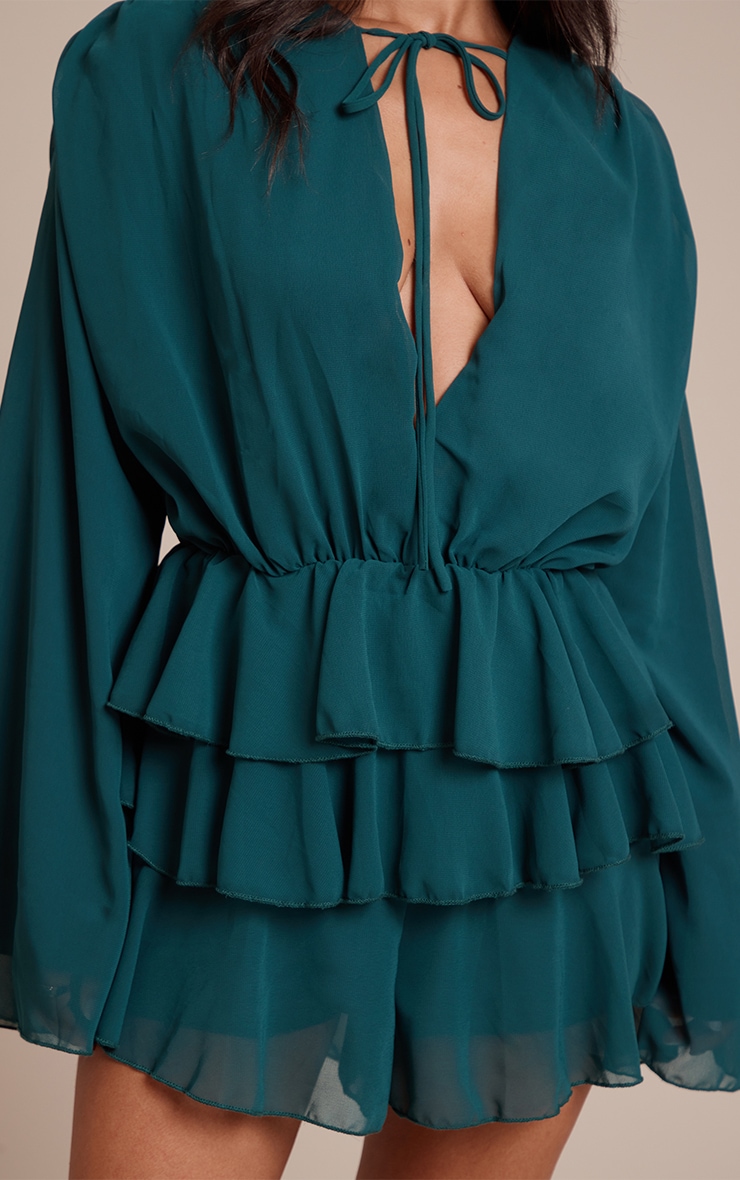Petite Teal Ruffle Detail Long Sleeve Tie Neck Playsuit image 4