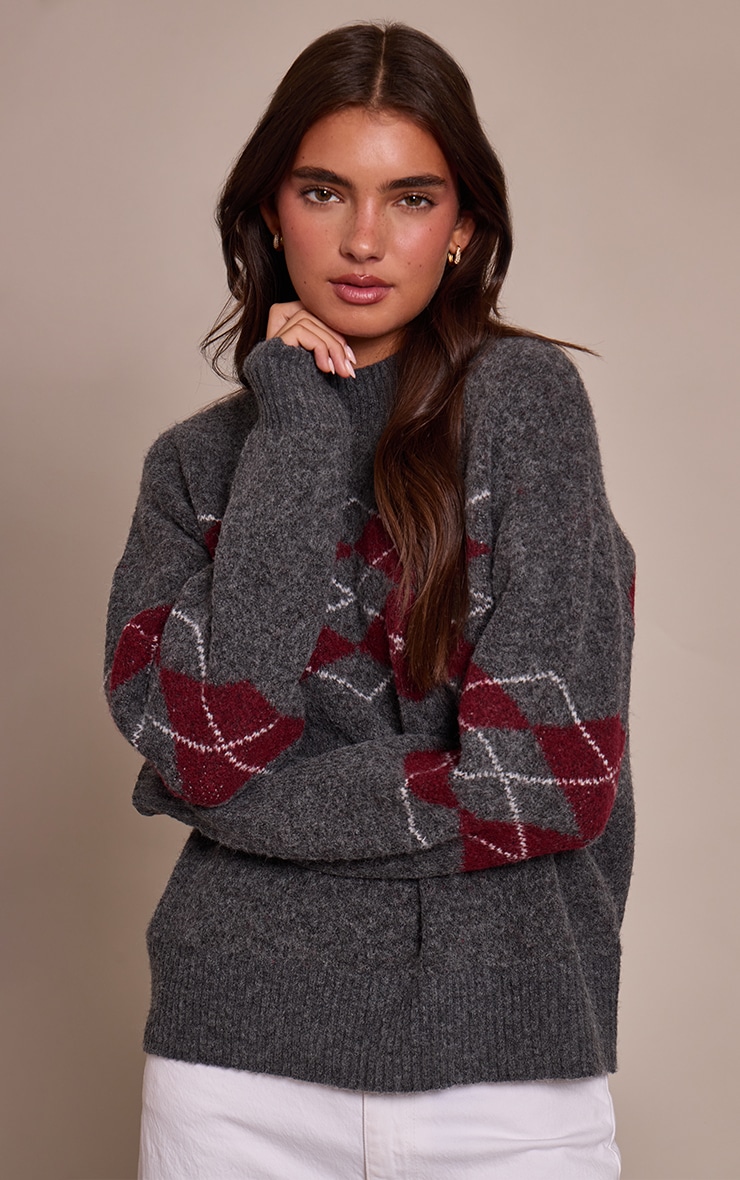 Grey Argyle Crew Neck Jumper image 4