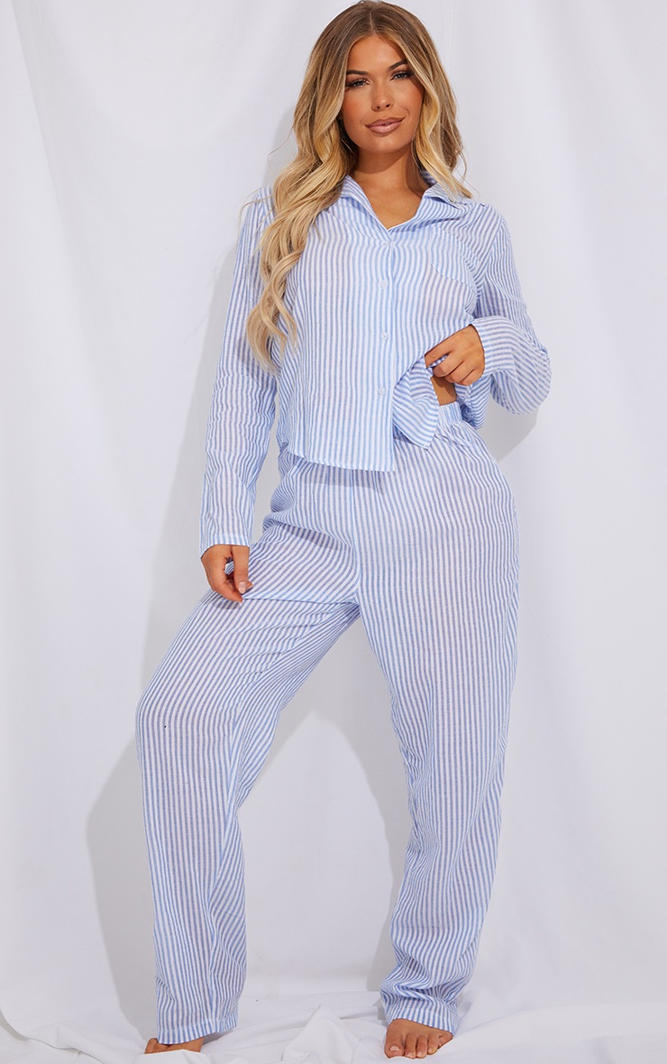 Blue Striped Cotton Long Sleeve Shirt And Pants PJ Set