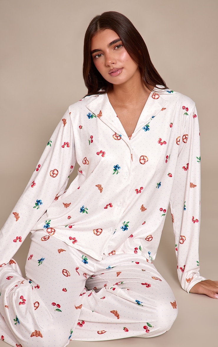 Cream Berry and Polka Dot Print Long Sleeve Button Through Pj Set image 1