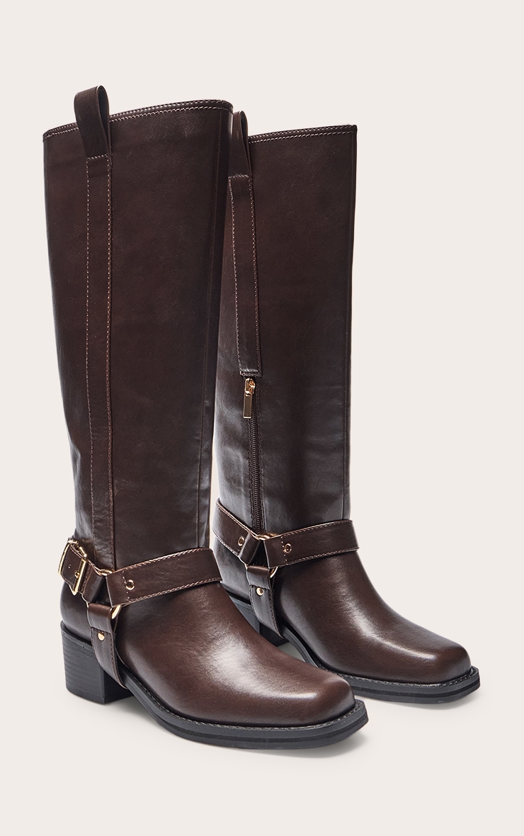 Chocolate PU Buckle Detail Knee High Boots image 3