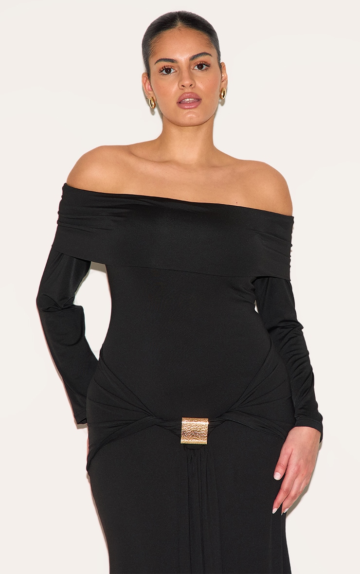 Plus Black Bardot Long Sleeve Trim Drape Detail Maxi Dress image 4