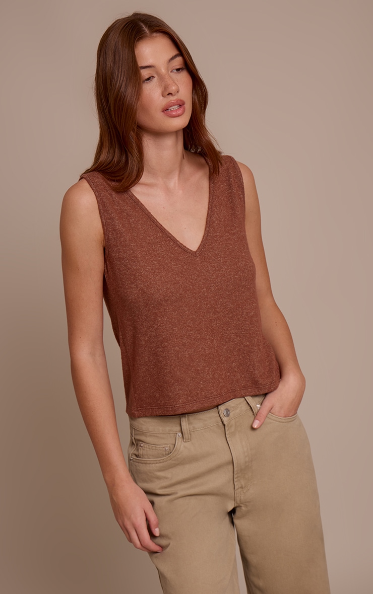 Chocolate Soft Knit V Neck Slouchy Vest Top