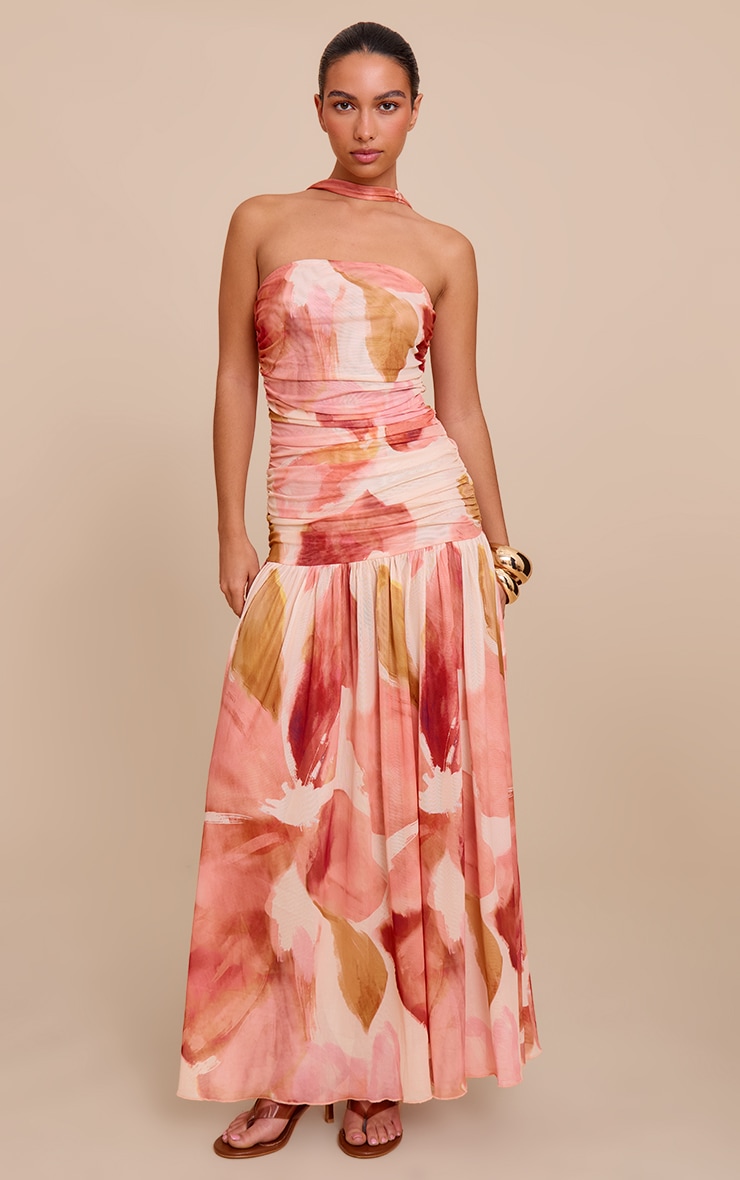Stone Floral Print Ruched Scarf Dropped Waist Maxi Dress image 1