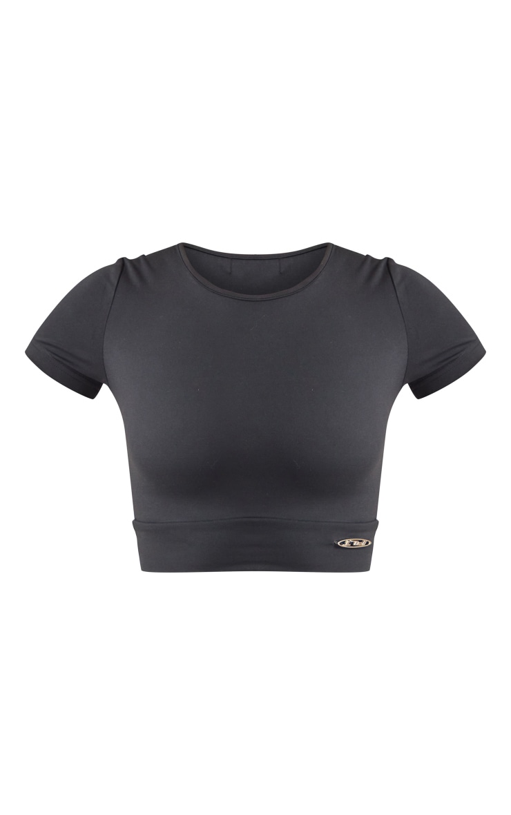 PRETTYLITTLETHING Black Sport Metal Badge Sculpt Short Sleeve Crop Top image 5