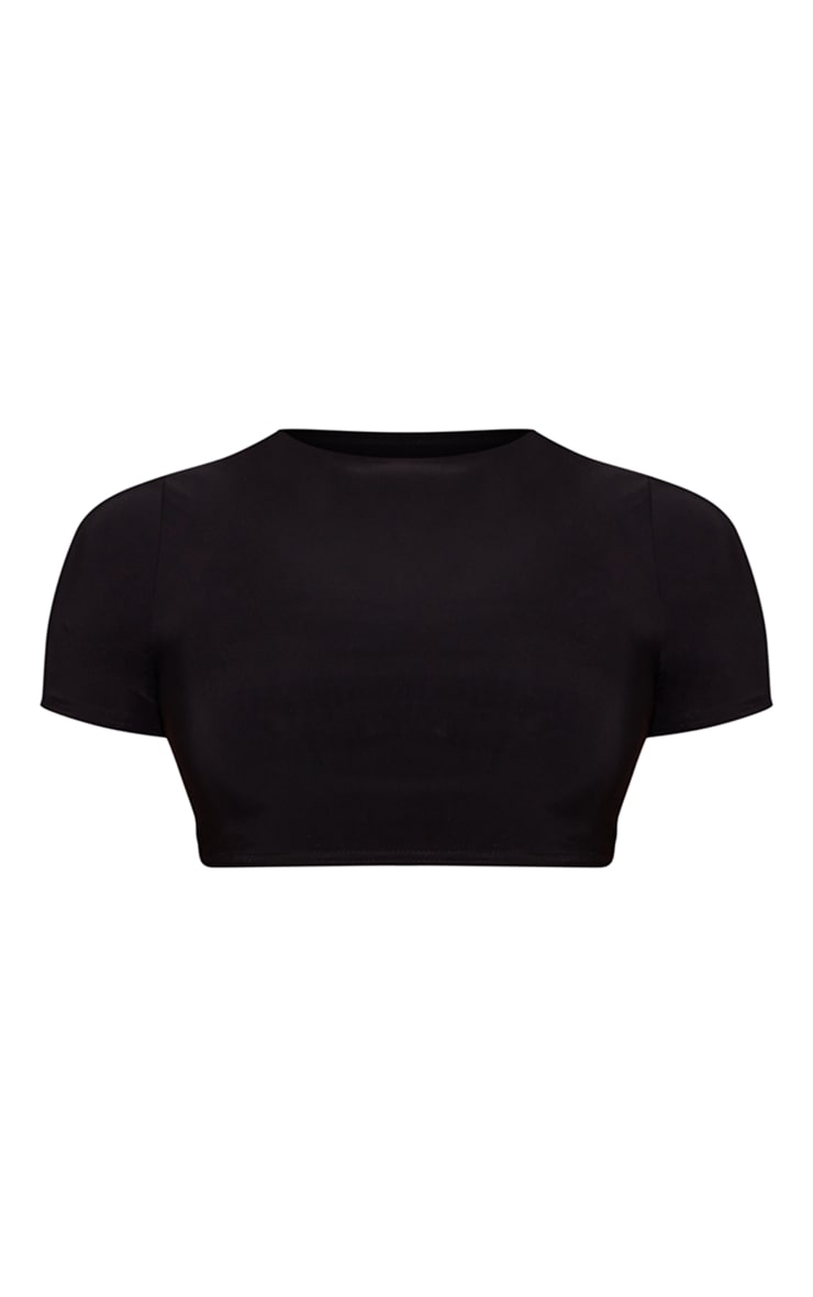 Black Basic Slinky Short Sleeve Crop Top | Tops