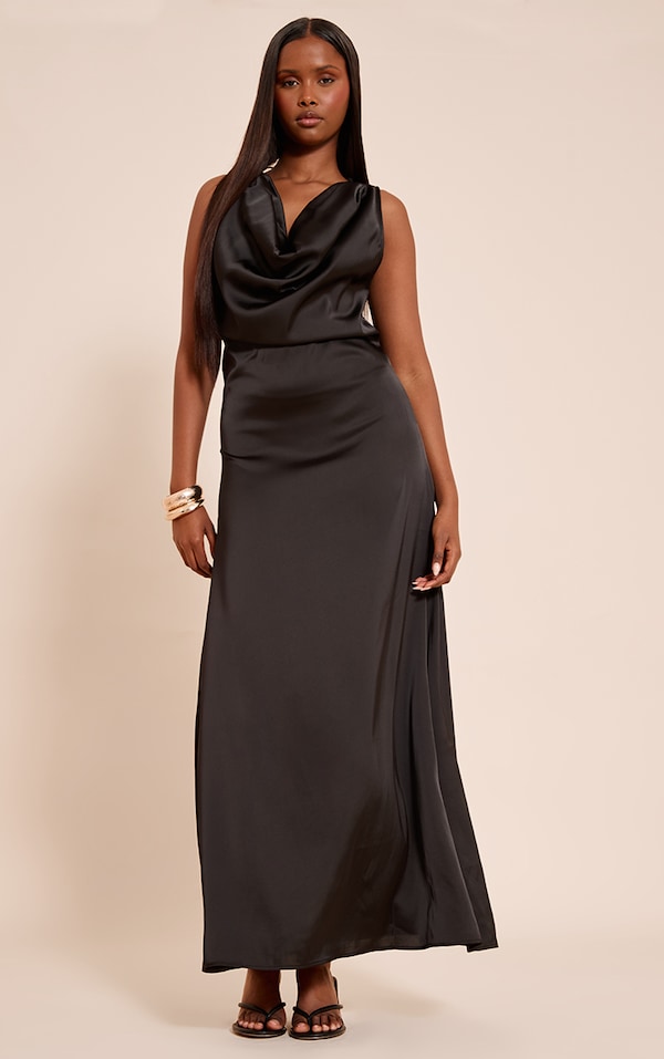 Black Satin Extreme Cowl Maxi Dress