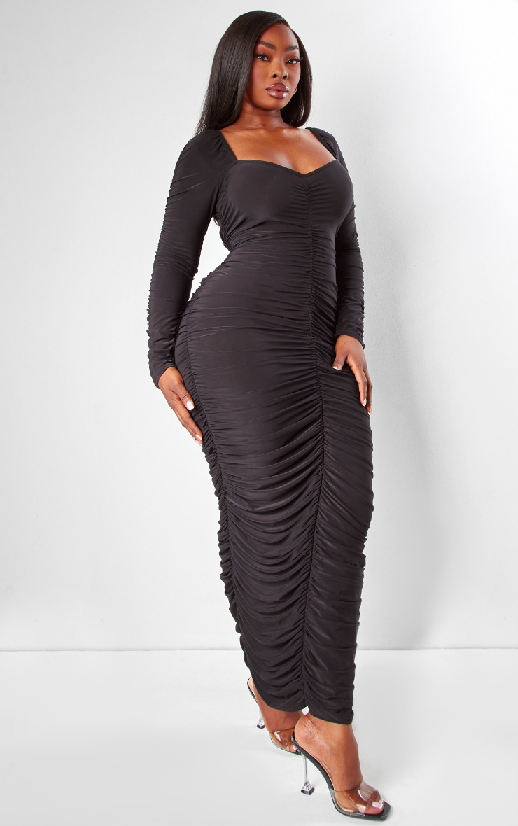 Plus Black Long Sleeve Extreme Ruching Midaxi Dress image 3