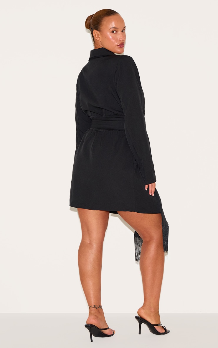 Plus Black Wrap Front Tassel Belted Dress image 2