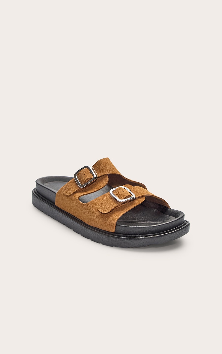 Camel Faux Suede Double Buckle Footbed Sandals image 2