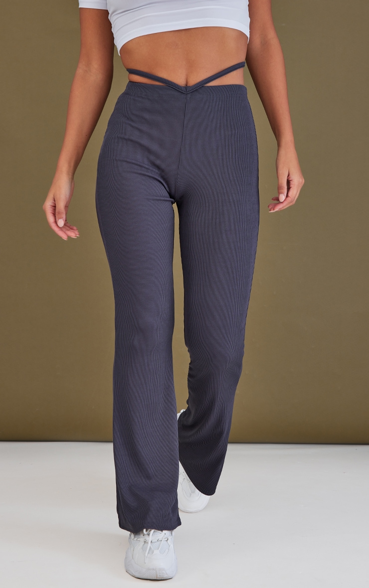 Charcoal Grey Ribbed Tie Detail Flare Leg Pants image 2