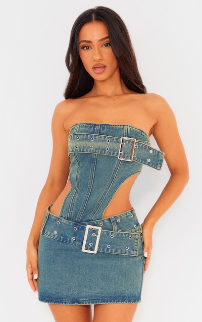 Petite Indigo Blue Wash Denim Buckle Detail Cut Out Mini Dress