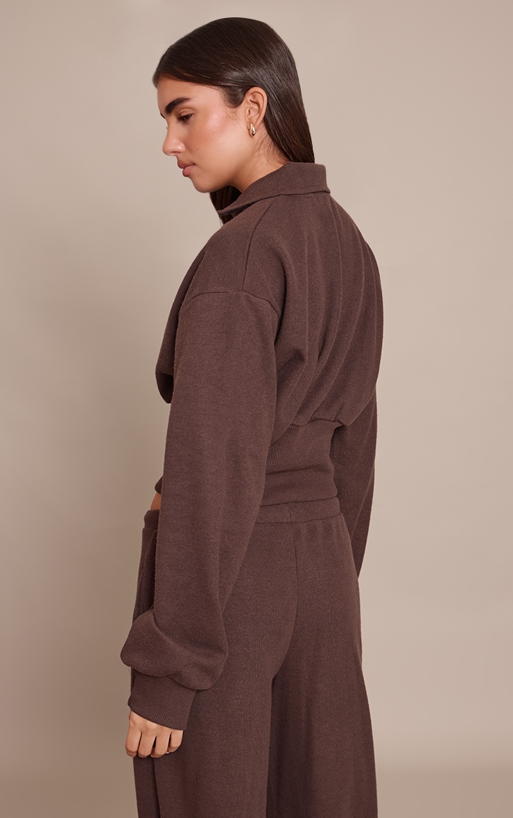 Chocolate Brushed Rib Elasticated Balloon Sleeve Polo Top image 2