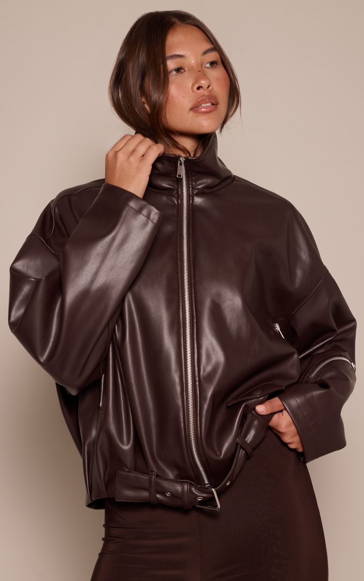 Chocolate Low Belt Detail Ruched Faux Leather Biker Jacket image 1